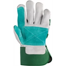 Bőrkesztyű, hasíték, szürke, dupla bőr tenyér, zöld vászon, 10