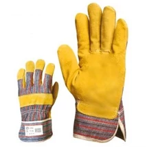 Bőrkesztyű, marhahasíték, sárga, csíkos vászon, tenyérbélés, 10