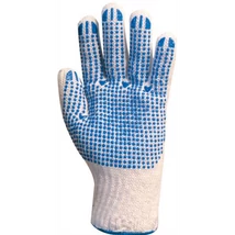 Védőkesztyű, kötött, poliészter/pamut, fehér, férfi, tenyerén kék pettyes, 9