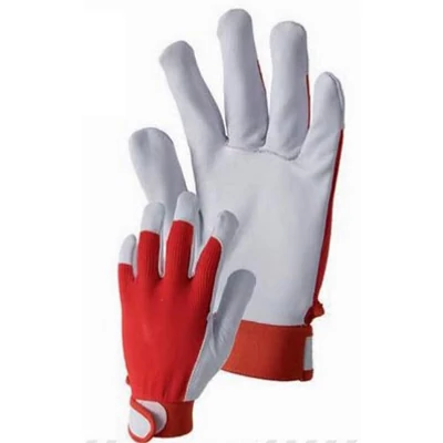 Bőrkesztyű, EUROSTRONG 839, színsertés, szürke, piros pamut, tépőzár, 9