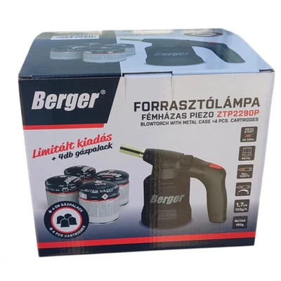 Forrasztólámpa, BERGER, PB, piezo gyújtású, fémházas, 4 darab gázpalackkal  Forrasztólámpa, BERGER, PB, piezo gyújtású, fémházas, 4 darab gázpalackkal