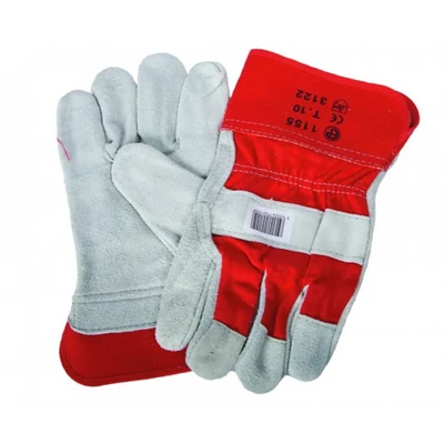 Bőrkesztyű, marhahasíték, szürke, piros vászon kézhát, 10 Bőrkesztyű, marhahasíték, szürke, piros vászon kézhát, 10