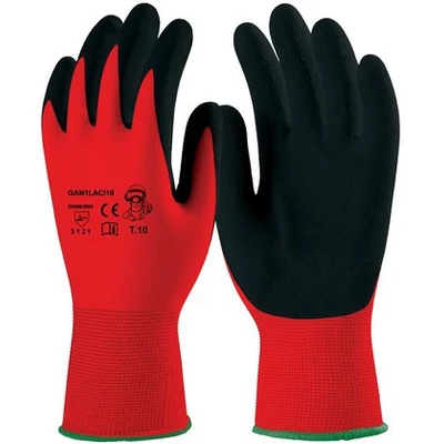 Védőkesztyű, latex, mártott, fekete, piros textil kézháttal, 8 (10pár/csomag)